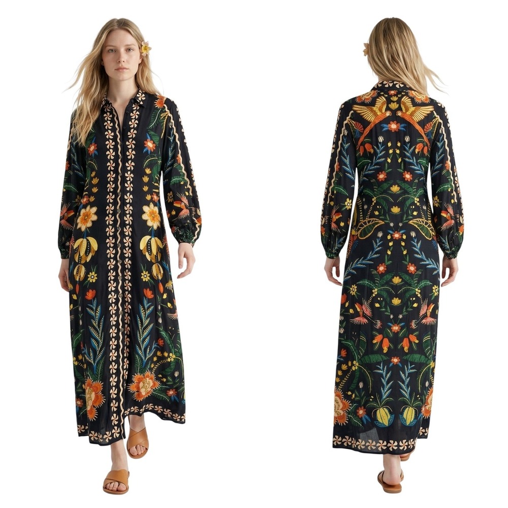 NWT Farm Rio Maxi Dress Womens XSP Multi Floral Bird Button Front Anthropologie